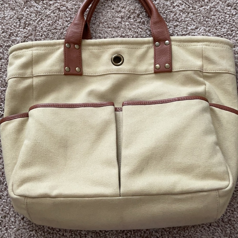 Levenger light brown canvas and leather 5 pocket tote! - Picture 3 of 4